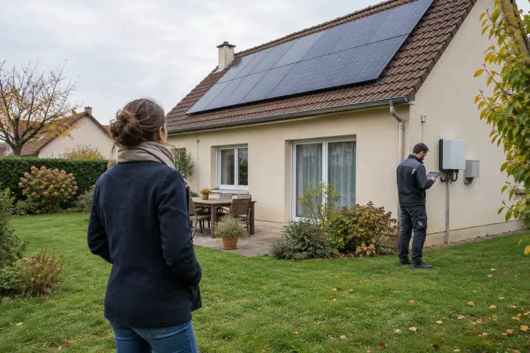 Un propriétaire et un technicien vérifient une installation solaire depuis le jardin.