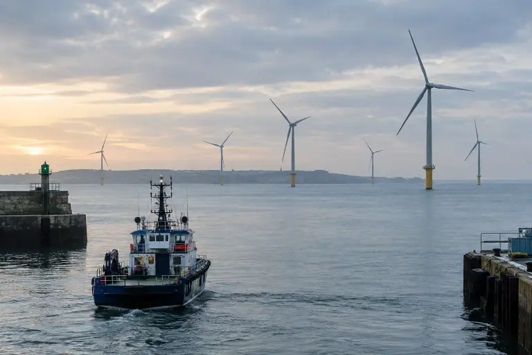 Éoliennes posées au large de la côte française avec un navire de maintenance