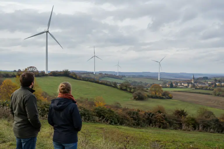 Éoliennes terrestres sur des collines agricoles françaises en automne