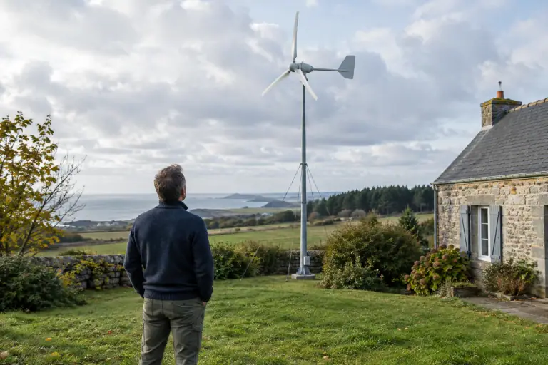 Petite éolienne sur mât dans un jardin rural français exposé au vent