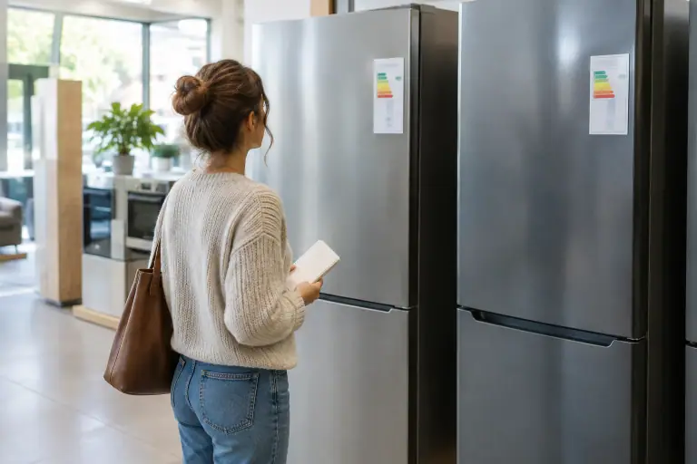 Une personne compare deux réfrigérateurs dans un magasin d’électroménager