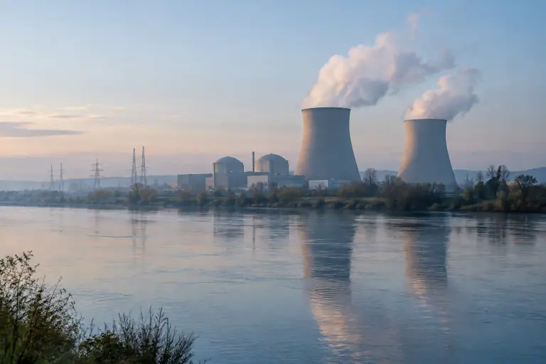 Une centrale nucléaire française se reflète dans une rivière à l’aube.