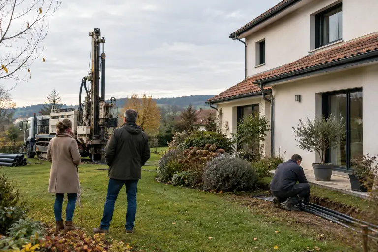 Technicien inspectant un forage géothermique près d'une maison française