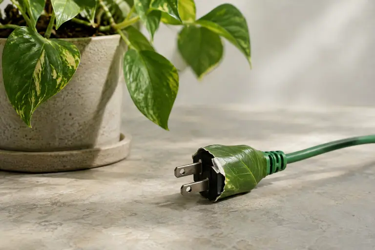 Une feuille artificielle enroulée autour d’une prise évoque une promesse trompeuse.