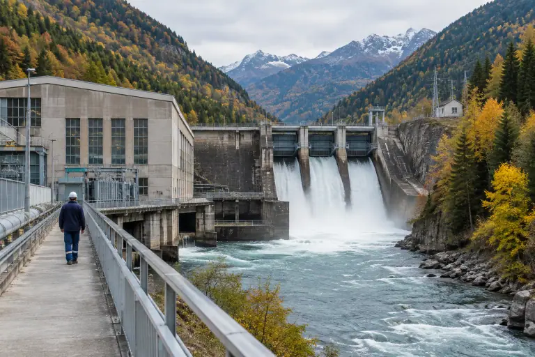 Barrage hydroélectrique dans une vallée alpine française, avec l’eau dirigée vers la centrale