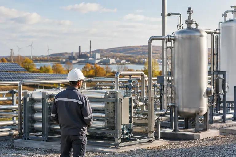 Électrolyseur industriel et réservoirs d’hydrogène sur un site français
