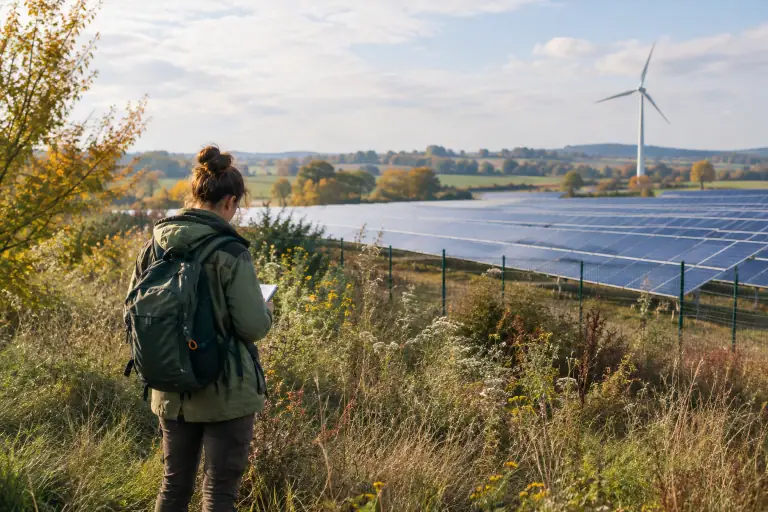 Panneaux solaires sur une friche avec une écologue observant la végétation