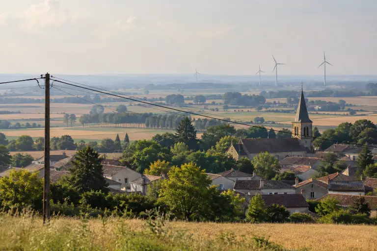 Un village français et des éoliennes partagent le même horizon électrique.