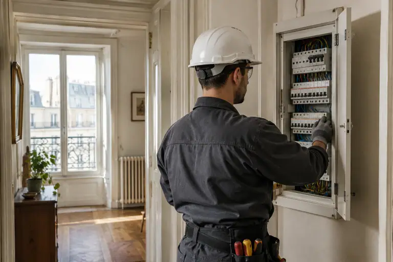 Électricien contrôlant le tableau électrique d’un logement ancien en France
