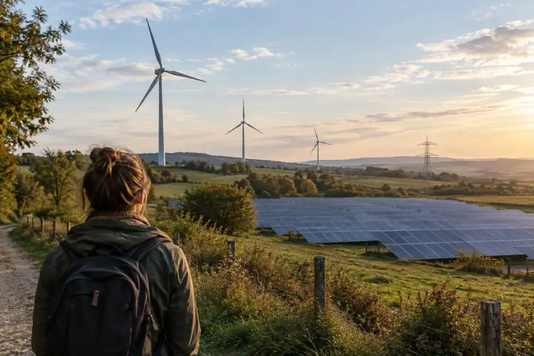 Parc éolien et panneaux solaires dans une campagne française sous un ciel changeant