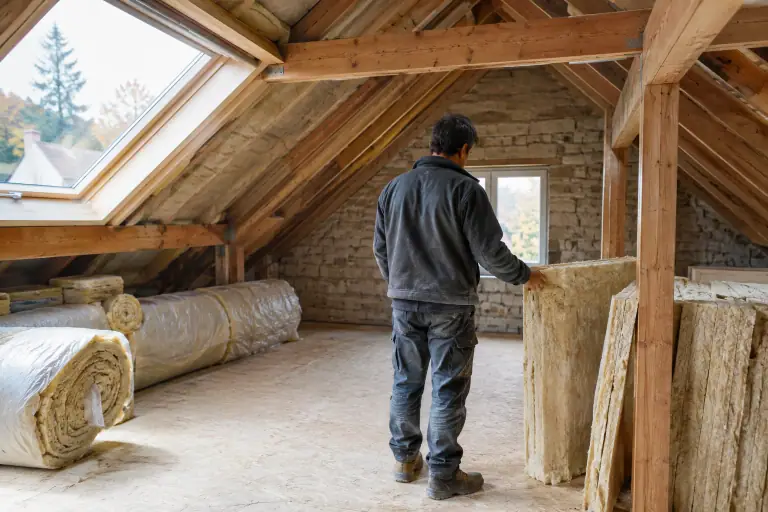 Isolation de combles en cours dans une maison française, avec charpente et matériaux visibles