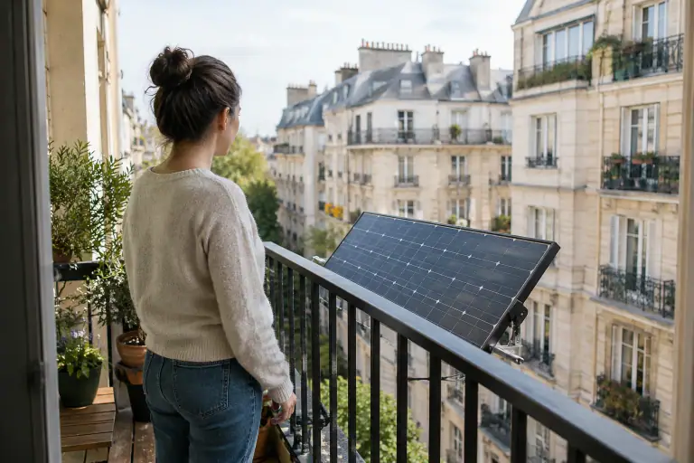 Panneau solaire fixé à l’intérieur d’un balcon d’appartement en ville