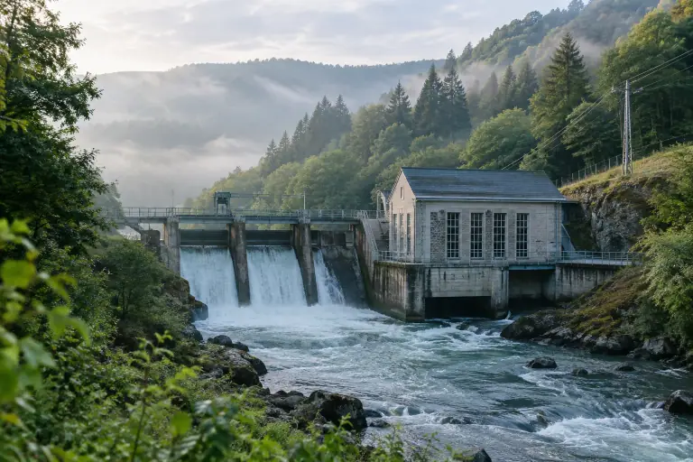 Une centrale hydroélectrique française libère de l’eau au pied des collines.