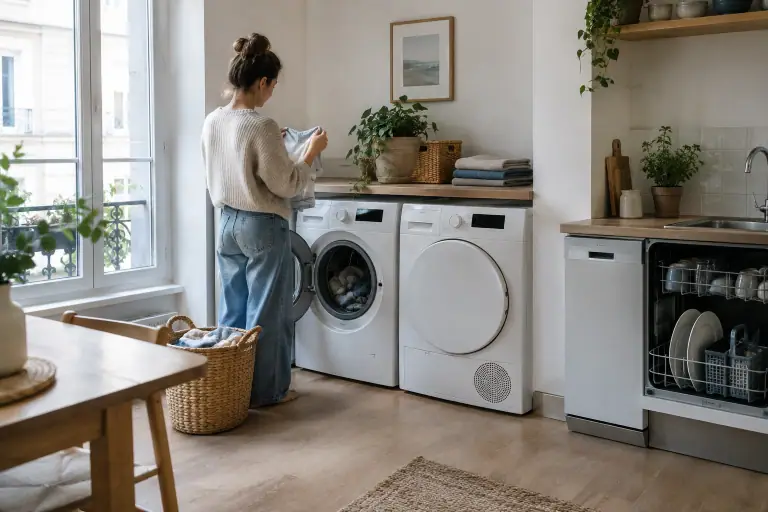 Une personne vérifie le linge près d’un lave-linge et d’un sèche-linge dans un logement français.