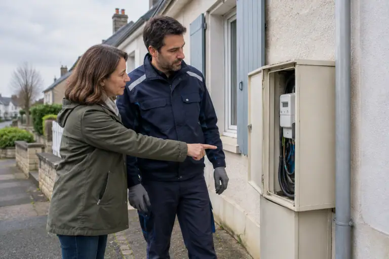 Un technicien examine un compteur extérieur pendant que l’habitant montre le câblage.