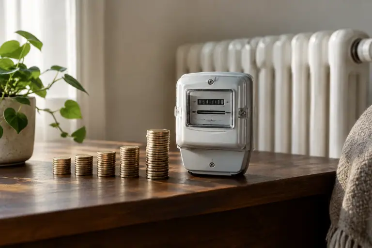 Des piles de pièces de tailles différentes entourent un compteur électrique domestique.
