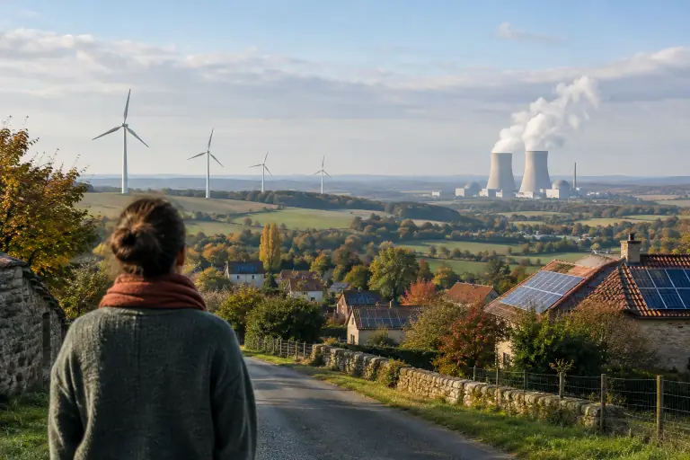 Paysage français associant centrale nucléaire, éoliennes et panneaux solaires sous une lumière d’automne