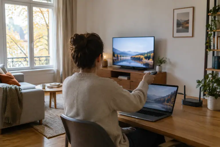 Téléviseur, box internet et ordinateur dans un salon français lumineux