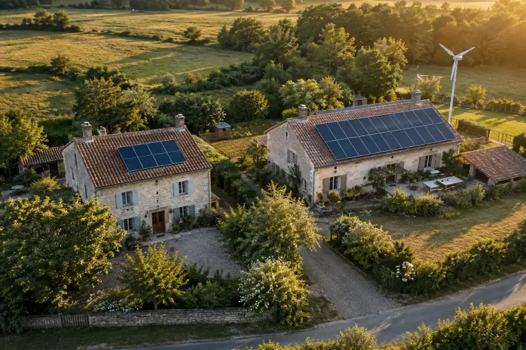 Deux fermes voisines présentent des équipements renouvelables de tailles différentes.
