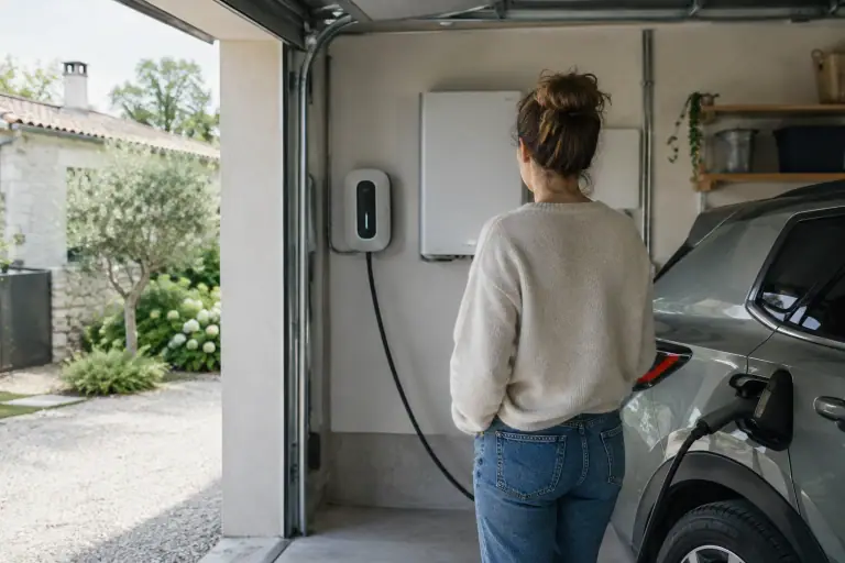 Habitant pilotant la recharge d’une voiture électrique dans un garage résidentiel français