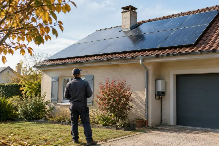 Installateur examinant des panneaux solaires partiellement ombragés sur une toiture de maison française
