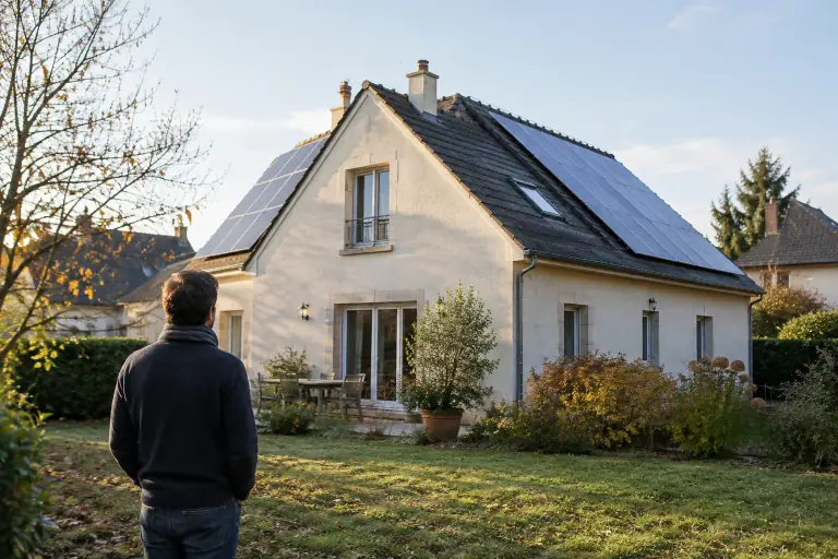 Panneaux solaires sur deux pans de toiture est et ouest dans un quartier résidentiel français