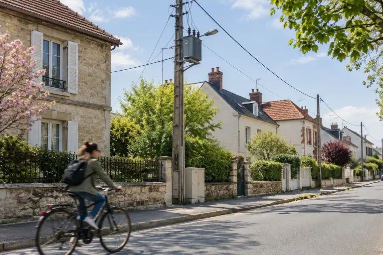 Un transformateur de quartier alimente les maisons d’une rue française ordinaire.