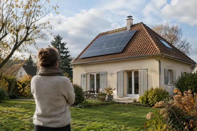 Panneaux photovoltaïques sur le toit d’une maison française en automne