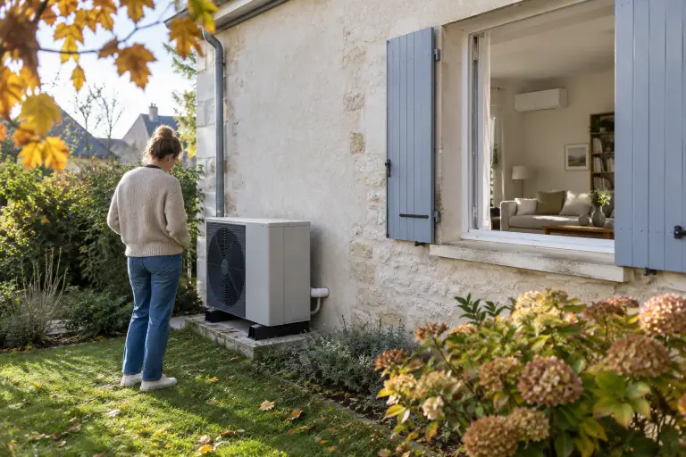 Unité extérieure de pompe à chaleur air-air installée près d’une maison française en automne