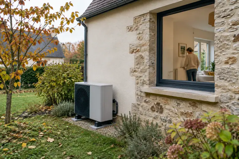 Unité extérieure de pompe à chaleur air-eau installée près d’une maison française