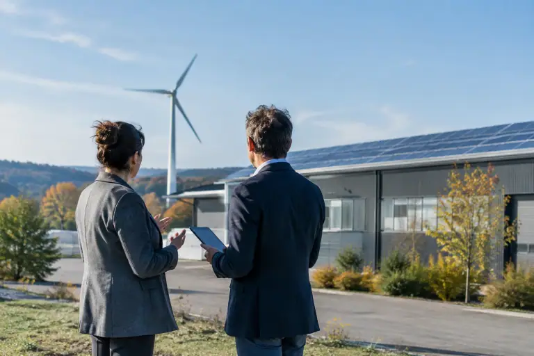 Responsables d’entreprise échangeant près d’un bâtiment industriel équipé de panneaux solaires