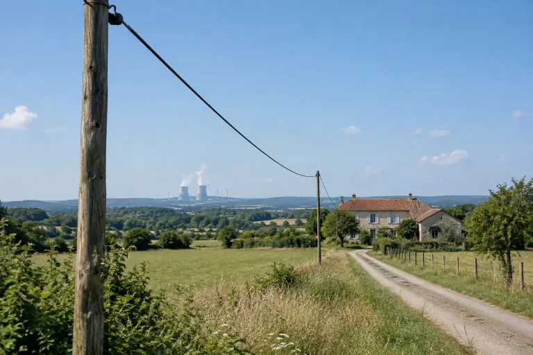Un câble aérien relie un poteau électrique à une ferme isolée.
