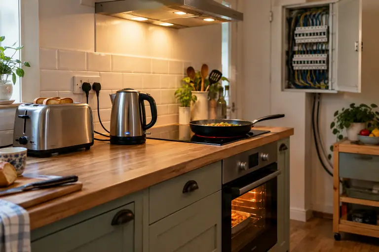 Plusieurs appareils fonctionnent ensemble dans une cuisine près du tableau électrique.
