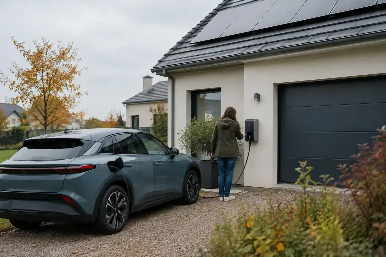 Voiture électrique reliée à une borne bidirectionnelle devant une maison française équipée de panneaux solaires.