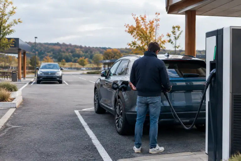 Voiture électrique branchée sur une borne rapide dans une aire de service française en automne