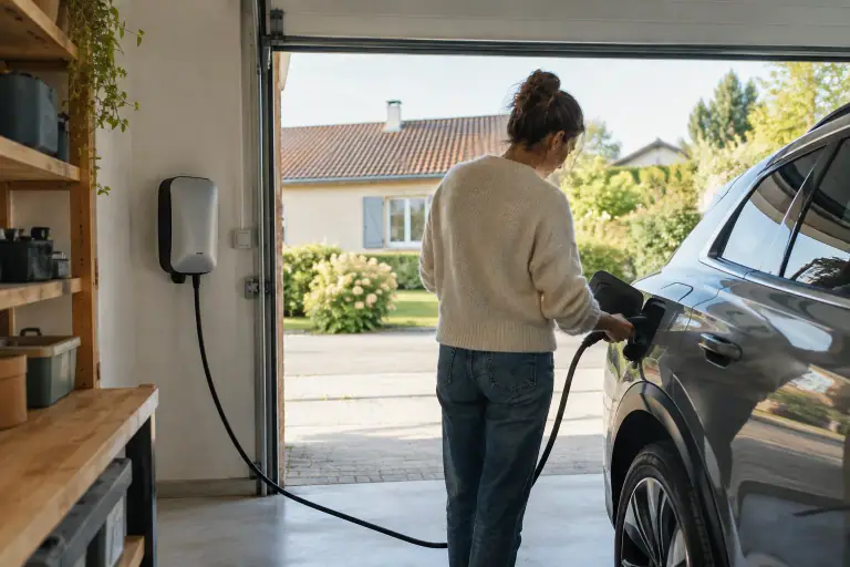 Voiture électrique branchée à une borne murale dans le garage d'une maison française