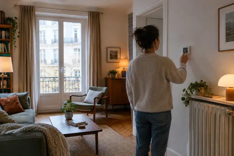Une personne règle le chauffage dans un salon français pour réduire sa consommation électrique
