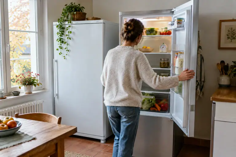 Une personne vérifie le joint d’un réfrigérateur dans une cuisine française lumineuse.