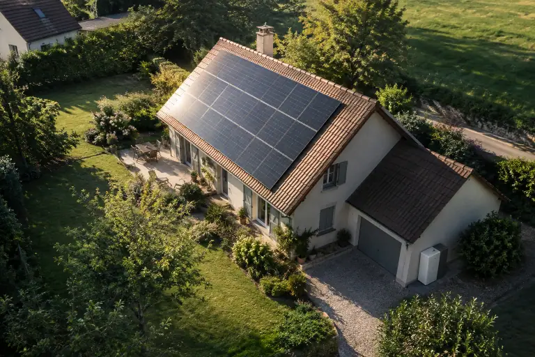 Une maison entourée de jardins produit de l’électricité grâce à ses panneaux solaires.