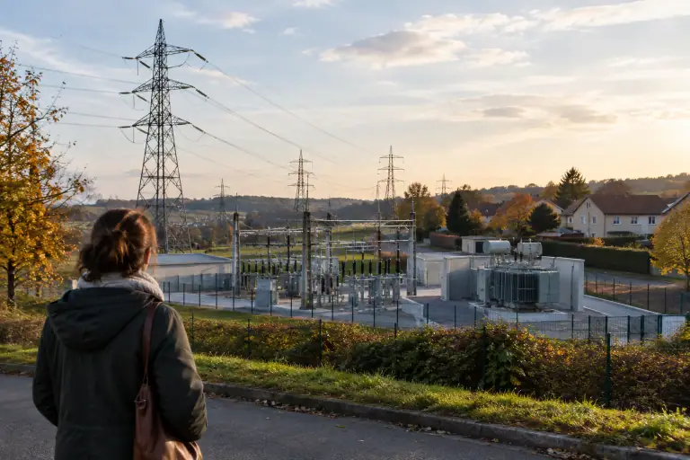 Lignes à haute tension reliant un poste électrique à un quartier résidentiel français