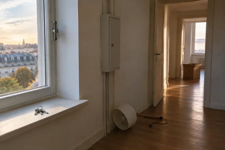 Des clés reposent dans un appartement vide où le départ se prépare.