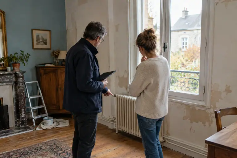 Un professionnel examine un radiateur dans une maison française en rénovation.