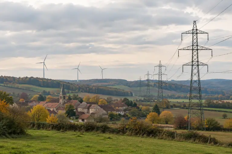 Éoliennes et lignes électriques traversant un paysage rural français en automne