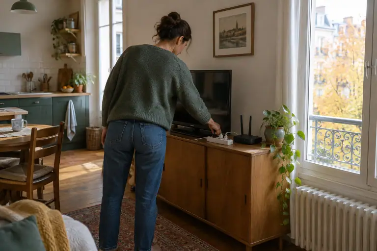 Habitante réglant une multiprise dans une cuisine lumineuse d’un logement français.