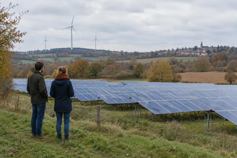 Panneaux solaires et éoliennes dans un paysage rural français sous une lumière automnale