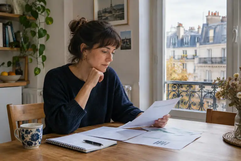 Habitante comparant des documents d’électricité à la table de son appartement français