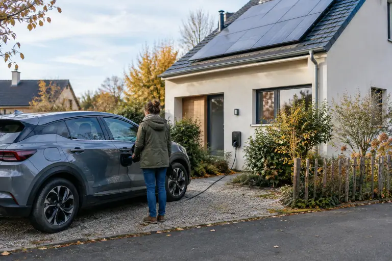 Une voiture électrique branchée près d’une maison française équipée de panneaux solaires.