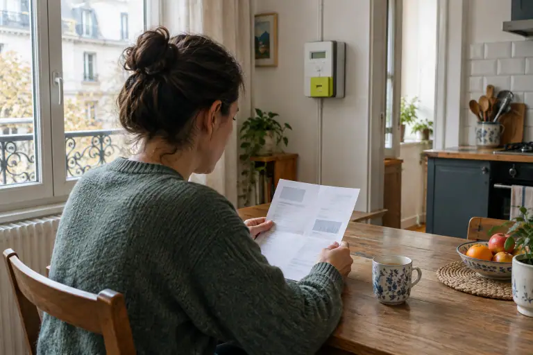 Un habitant consulte une facture près d’un compteur électrique communicant dans son logement.