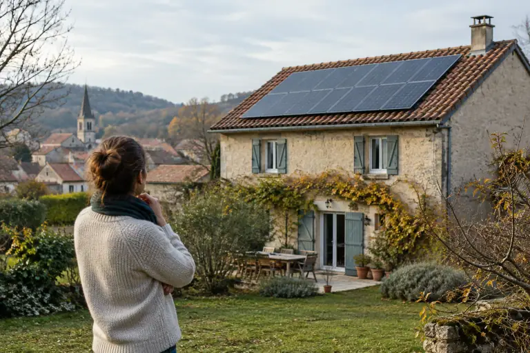 Maison française équipée de panneaux solaires, observée depuis le jardin en lumière naturelle