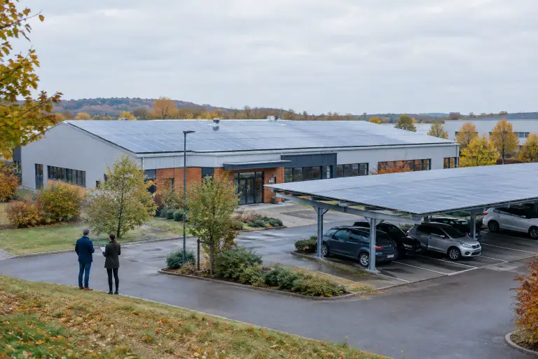 Toiture photovoltaïque et ombrières solaires sur un site professionnel français